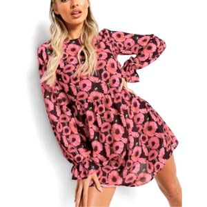 BOOHOO Hot Pink Floral Smock Dress